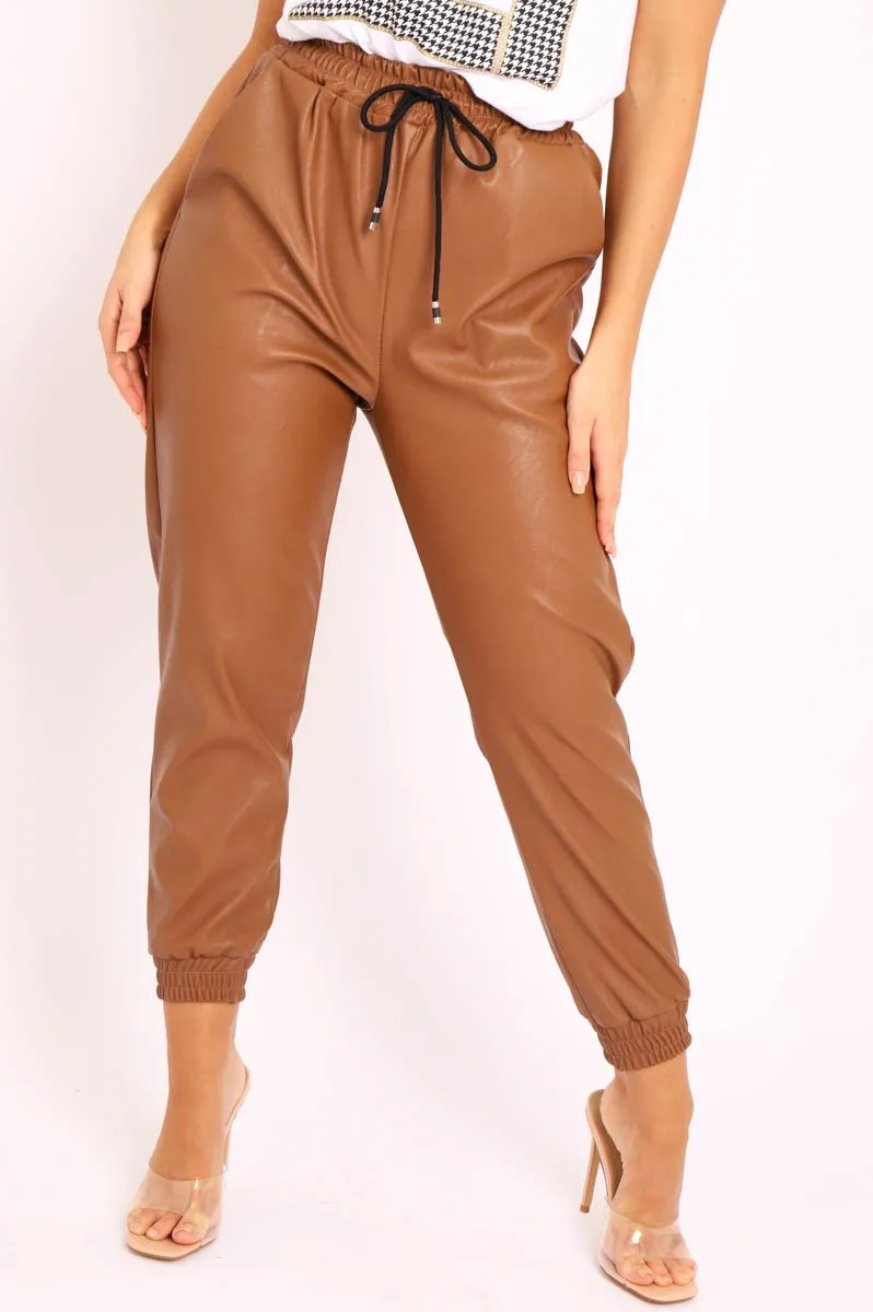 Brown Faux Leather Drawstring Waist Joggers - Persia