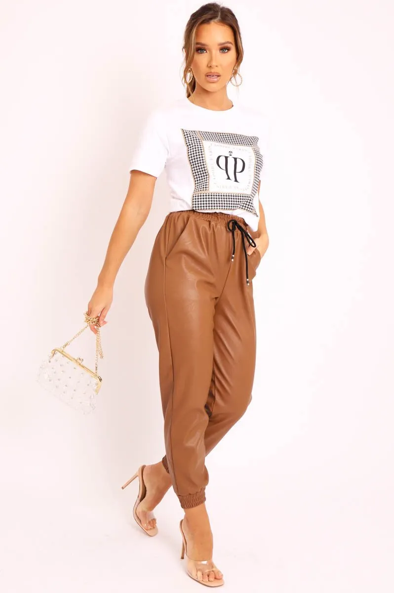 Brown Faux Leather Drawstring Waist Joggers - Persia