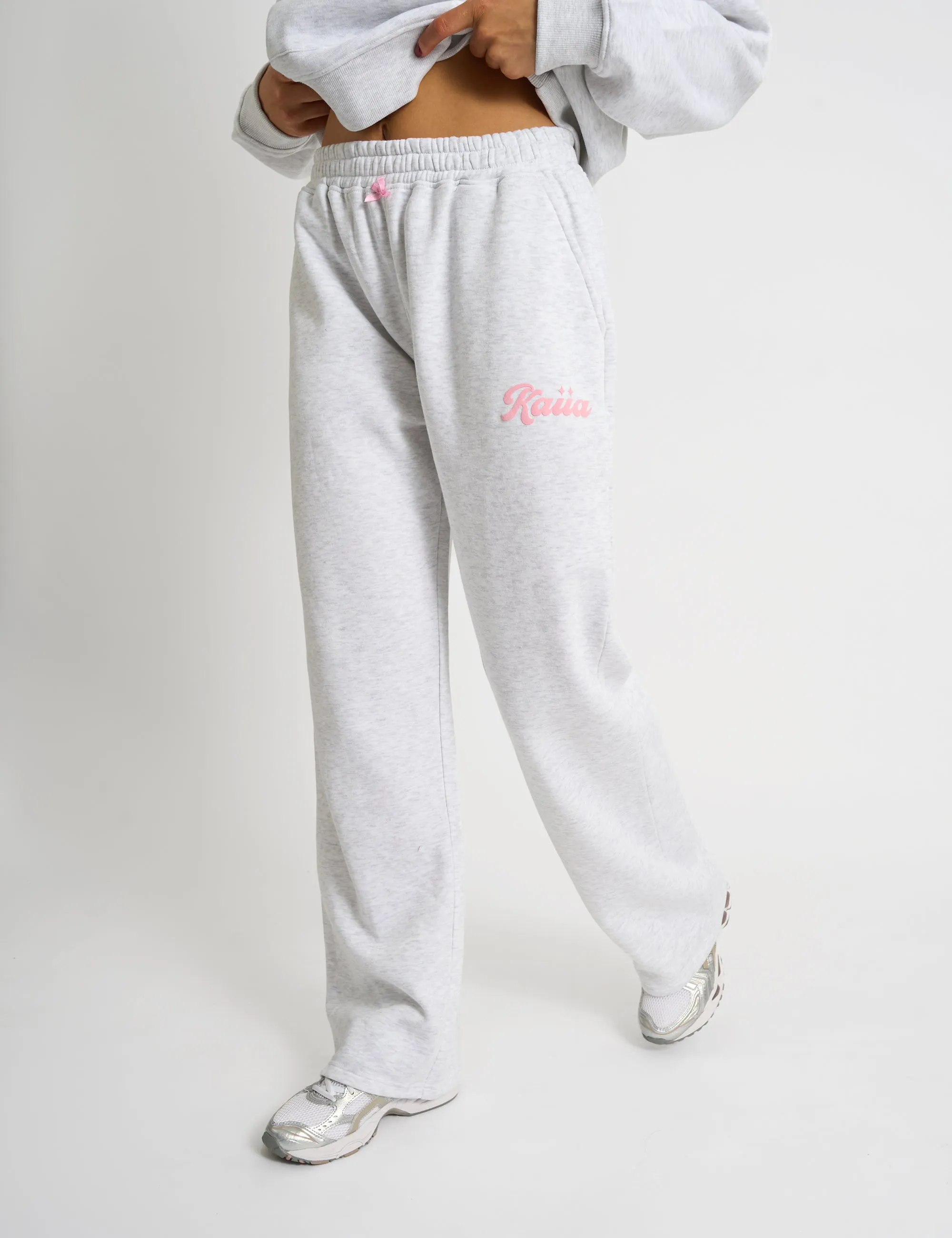 Kaiia Bubble Script Bow Detail Wide Leg Joggers Grey Marl & Pink