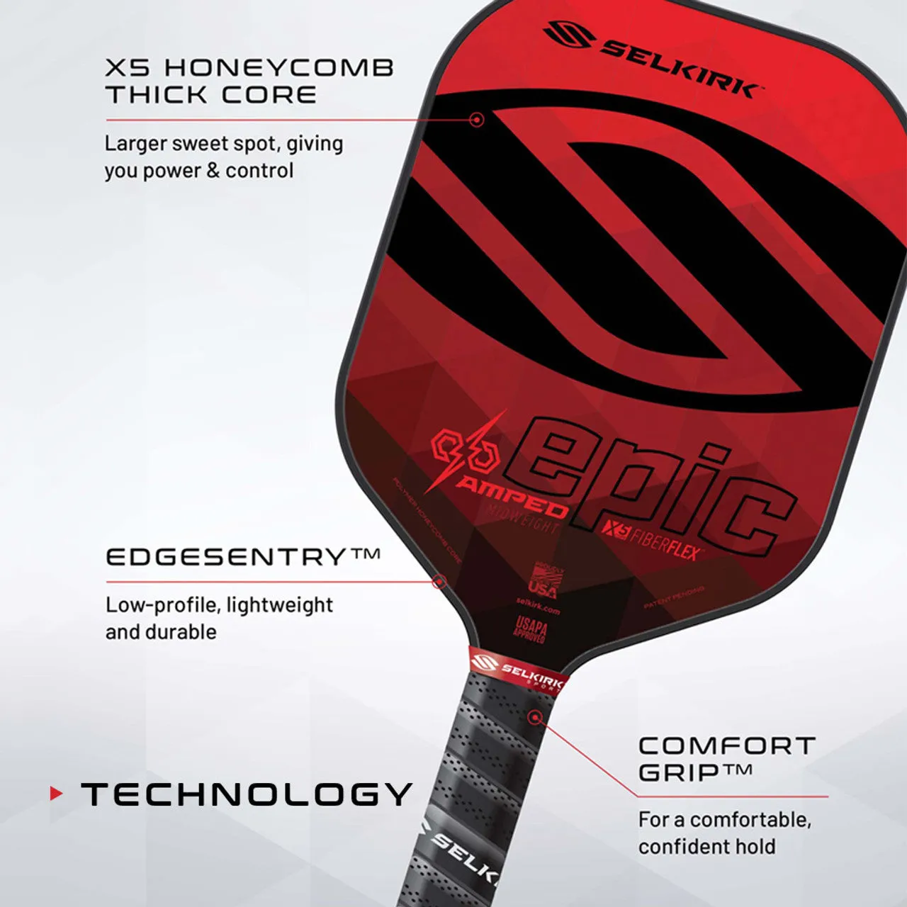 Selkirk AMPED Epic X5 FibreFlex Pickleball Paddle Red