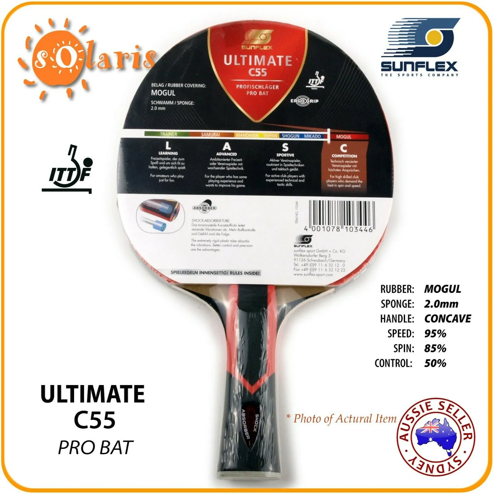 SUNFLEX ULTIMATE C55 Professional Bat ITTF Table Tennis Bat Shock-Absorber Tube